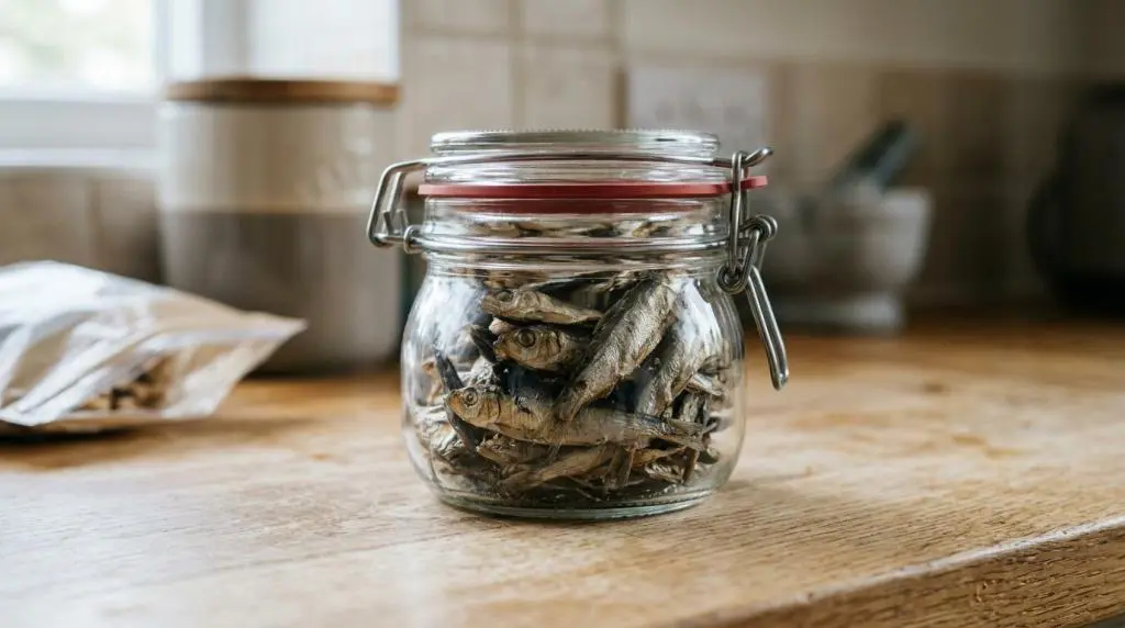 Glass jar with a metal clasp filled with dried small fish on a wooden kitchen counter.