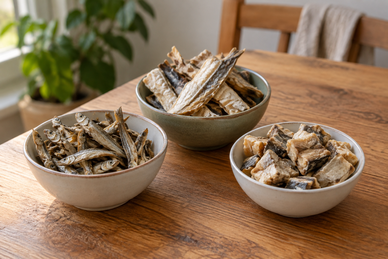 Drie schaaltjes met verschillende soorten gedroogde vissnacks
