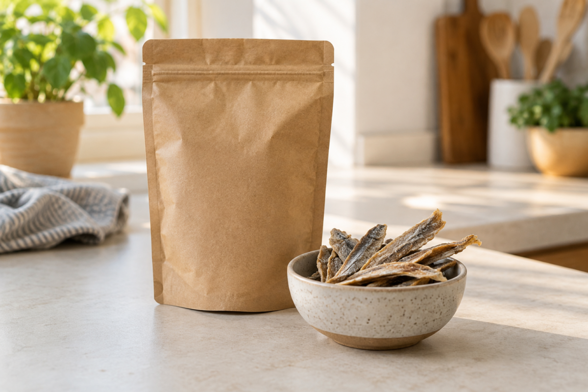 Een gesloten zak naast een schaaltje gedroogde vissnacks