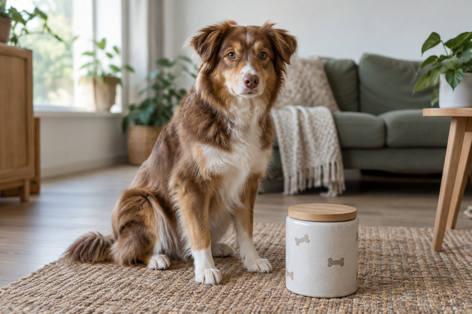 Een rustig zittende hond naast een gesloten snackbakje
