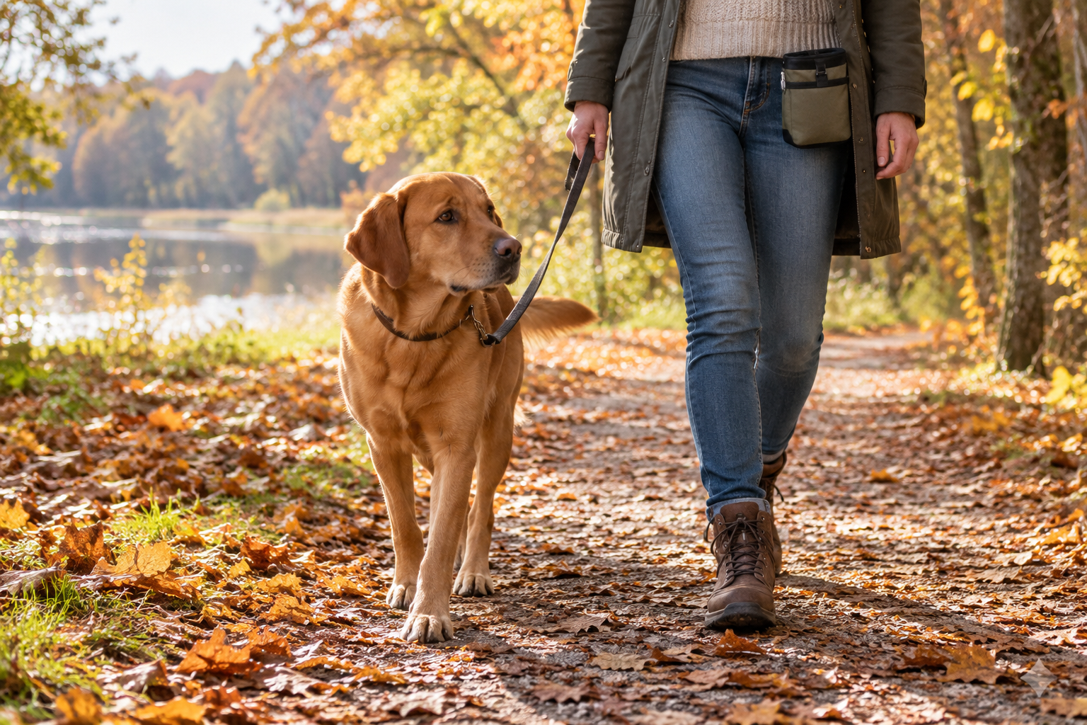 Hond aan de lijn tijdens een herfstwandeling — AI-illustratie