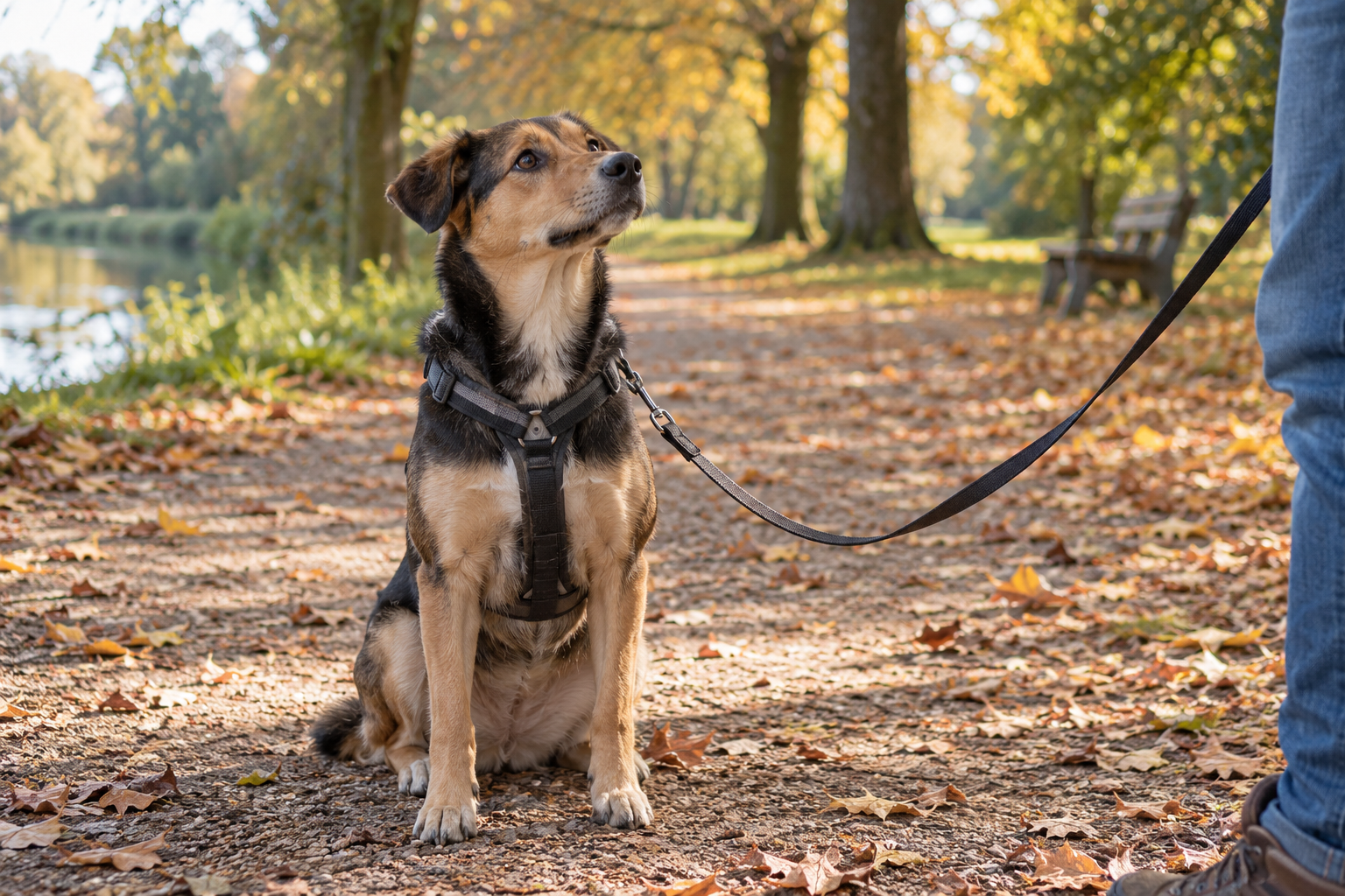 Hond rustig zittend aan een losse lijn op een parkpad